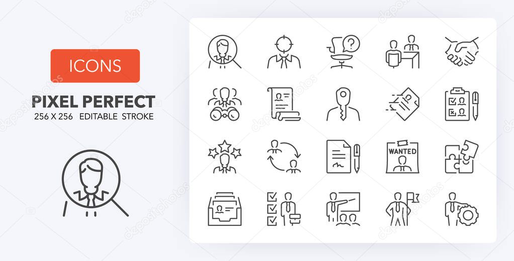 Hiring process, human resources concepts. Thin line icon set. Outline symbol collection. Editable vector stroke. 256x256 Pixel Perfect scalable to 128px, 64px...