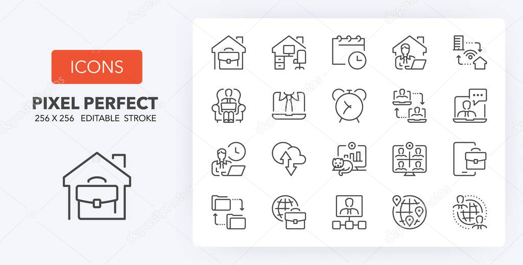 Remote working, business concepts. Thin line icon set. Outline symbol collection. Editable vector stroke. 256x256 Pixel Perfect scalable to 128px, 64px...