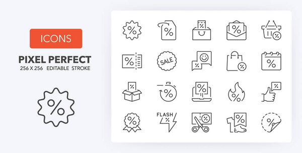 Discounts and offers. Thin line icon set. Outline symbol collection. Editable vector stroke. 256x256 Pixel Perfect scalable to 128px, 64px...