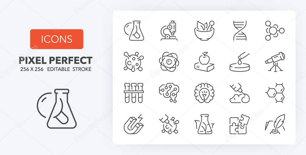 Sciences. Thin line icon set. Outline symbol collection. Editable vector stroke. 256x256 Pixel Perfect scalable to 128px, 64px...