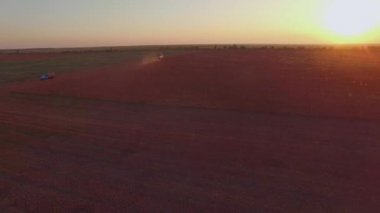 Havadan görünümü. Makine kesme buğday alan günbatımı hasat