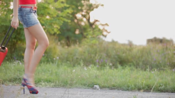 Sexy Woman Walking With Red Suitcase — Stock Video