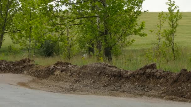 Kaputte Landstraße in der Nähe von Feld — Stockvideo