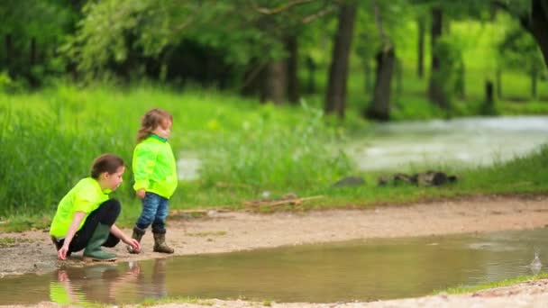 Niños felices lanzando piedras en el charco — Vídeos de Stock