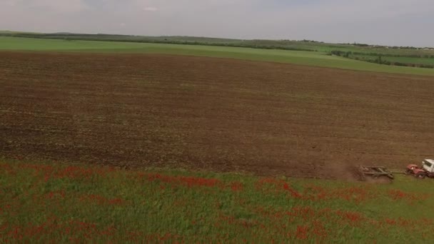 Champ de tonte des mauvaises herbes avec tracteur 