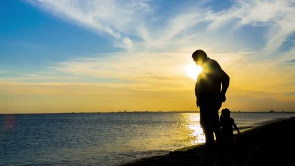 Silhouette of man with child on seashore. — Stok video