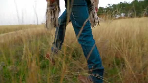 Mujer joven caminando en la naturaleza en otoño — Vídeo de stock