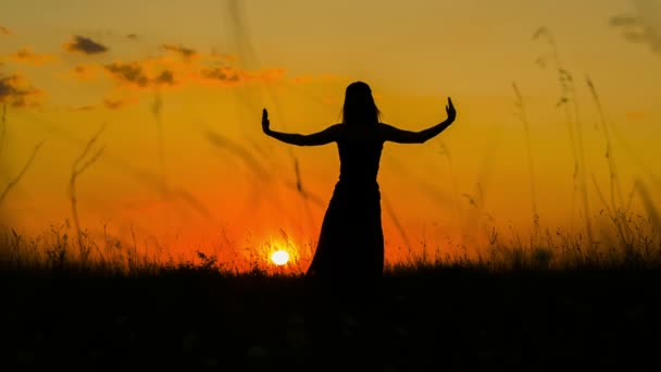 Silhueta de uma menina fazendo ioga ao pôr do sol — Vídeo de Stock