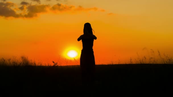 Silhueta de uma menina praticando ioga ao pôr do sol — Vídeo de Stock