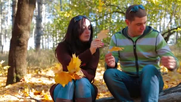 Young Woman Making Garland From Yellow Leaves — ストック動画