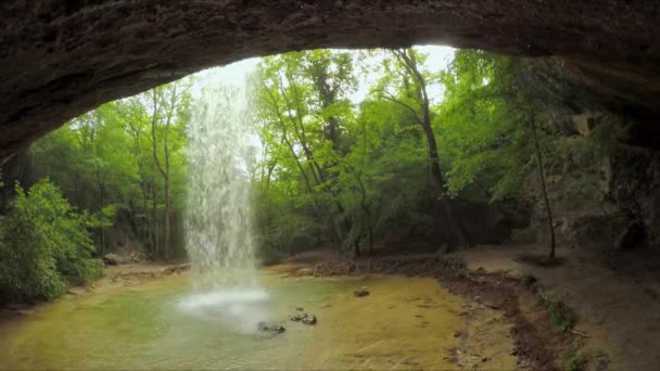 Красивый водопад в диком Крымском лесу — стоковое видео
