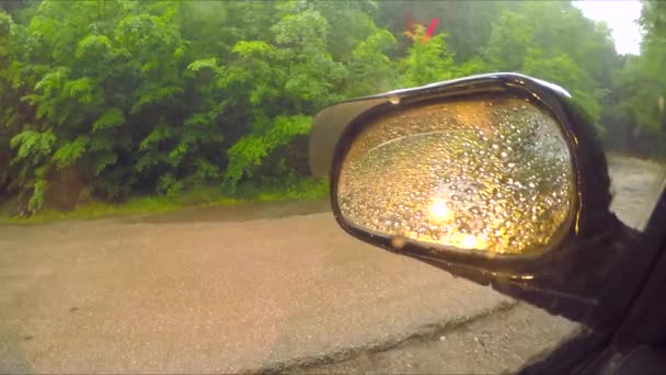 Gotas de lluvia en el espejo y la ventana de la vista lateral del coche — Vídeo de stock