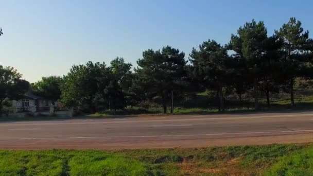 VISTA AERIAL. El paisaje rural con una carretera llena de árboles, camiones rojos y coches en la carretera, vista desde arriba — Vídeo de stock