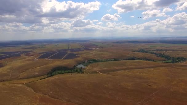 Avión volando sobre campos y aterrizaje — Vídeo de stock