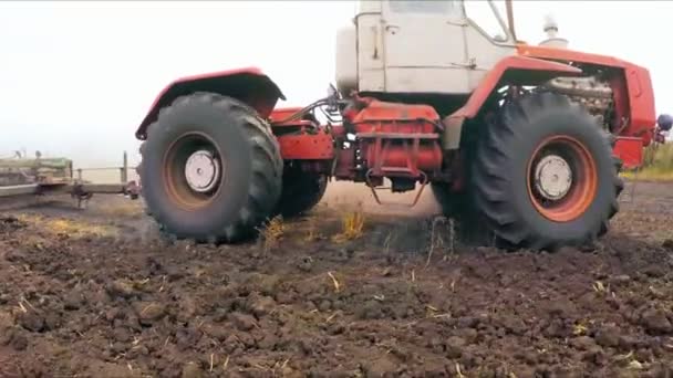 Trekker met verhoogde Trailer voor teelt rijden In het veld In Oekraïne — Stockvideo