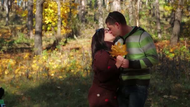 Familia feliz descansando en el parque de otoño — Vídeo de stock