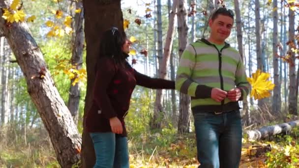 Pareja feliz disfrutando de la temporada de otoño dorado — Vídeos de Stock