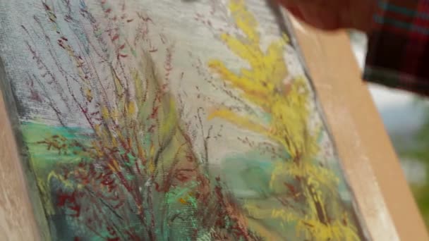 Artista femenina creando una imagen del paisaje otoñal — Vídeos de Stock