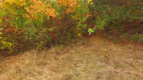 VISTA AERIAL. Familia feliz de tres corriendo en otoño pradera — Vídeo de stock