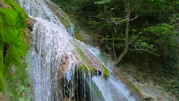 Cascada de cascada fluyendo hacia abajo en las rocas musgosas — Vídeos de Stock