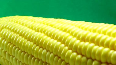 4K Macro View Sarı Taneler Mısır Koçanı Arka plan Organik Yiyecekler Yakın plan. Koçanda Taze Mısır, Organik Yiyeceğe Hazırlık. Mısır Tohumları Doku, Tarım Sağlıklı Doğal Beslenme.