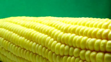 4K Macro View Sarı Taneler Mısır Koçanı Arka plan Organik Yiyecekler Yakın plan. Koçanda Taze Mısır, Organik Yiyeceğe Hazırlık. Mısır Tohumları Doku, Tarım Sağlıklı Doğal Beslenme.