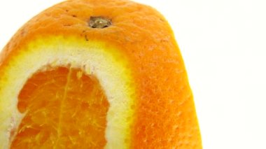 Göbek portakal meyvesinin 4K Macro karesi ve dönüşümlü. Beyaz arka planda izole edilmiş taze turunçgil portakalını kapat.
