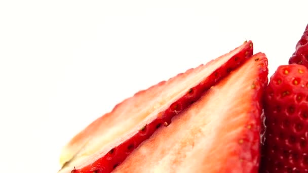 Fragole Succose Lampone Rosso Metà Fragola Primo Piano Deliziose Bacche — Video Stock