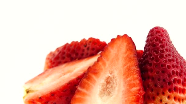 Red Raspberry Juicy Strawberries Strawberry Halves Close Delicious Summer Berries — Stock Video