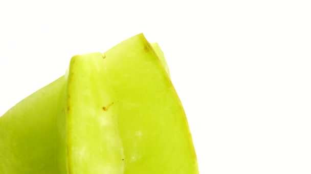 Βιολογικής Αστέρι Φρούτα Carambola Αστέρι Μήλο Starfruit Close Περιστρέφεται Λευκό — Αρχείο Βίντεο