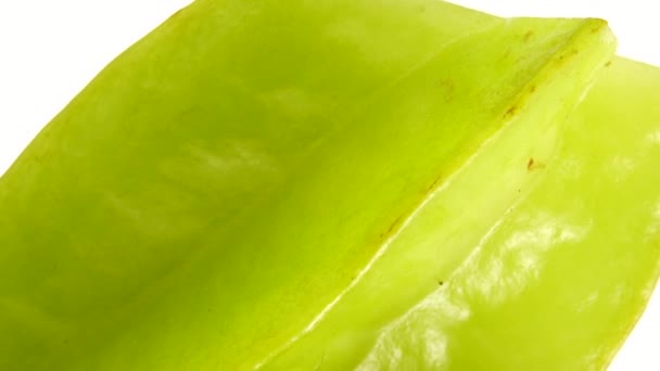 Βιολογικής Αστέρι Φρούτα Carambola Αστέρι Μήλο Starfruit Close Περιστρέφεται Λευκό — Αρχείο Βίντεο