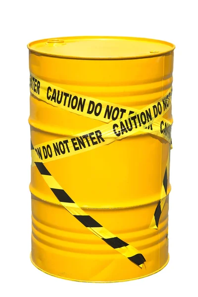 200 liters tank gula barriär tape gränser mot den vita bakgrunden. — Stockfoto