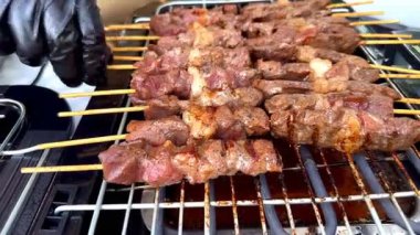 Sulu ızgara et şişleri ızgara ızgara ızgarasında pişiyor. Lezzetli güveç izleri ve dumanlı tatlar sergiliyor. Yemek ve yemek temaları için mükemmel..
