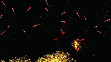 4 bin. Gerçek havai fişeklerin kusursuz döngü arka planında gece gökyüzünde Bokeh ışıkları olan altın havai fişekler. Parlak havai fişek gösterisi. Yeni yıl arifesinde havai fişekler birden fazla rengi kutluyor.