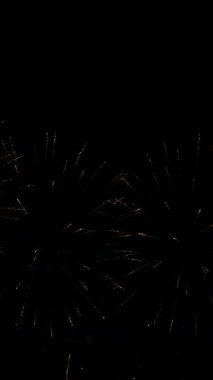 4 bin. Gerçek havai fişeklerin kusursuz döngü arka planında gece gökyüzünde Bokeh ışıkları olan altın havai fişekler. Parlak havai fişek gösterisi. Yeni yıl arifesinde havai fişekler birden fazla rengi kutluyor.