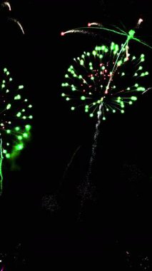 4 bin. Gerçek havai fişeklerin kusursuz döngü arka planında gece gökyüzünde Bokeh ışıkları olan altın havai fişekler. Parlak havai fişek gösterisi. Yeni yıl arifesinde havai fişekler birden fazla rengi kutluyor.