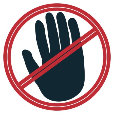 Dur tabelası! Giriş yok. Kırmızı dur sembolü üzerinde çizgi olan bir daire şeklinde. Yasak eylemler için el işareti. Vektör illüstrasyonu