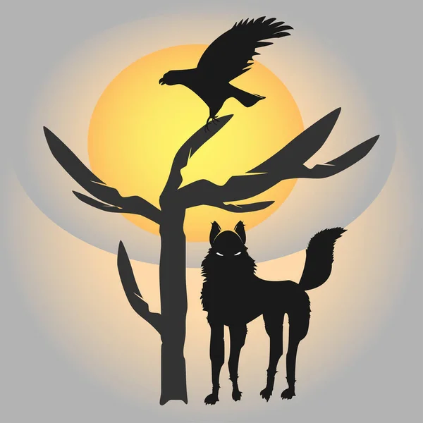 Лесные Животные Силуэт Волка Ворона Летящие Дерева Фоне Огромного Солнца — стоковый вектор
