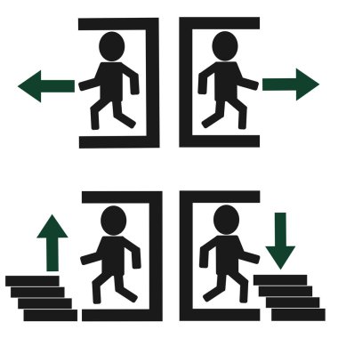 Vektör acil çıkış işaretleri. Güvenlik işaretleri ayarlandı. Acil çıkış kapısı..