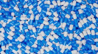 Mavi ve beyaz kapsül üretimi. İlaç ve tıp sektörü konsepti. 3B görüntüleme