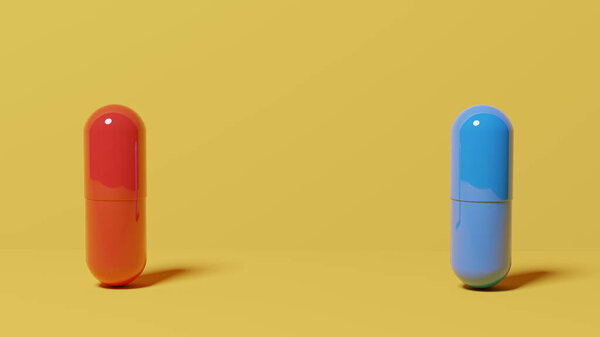 Красная таблетка и синяя таблетка на желтом фоне. Концепция выбора. 3D рендеринг