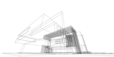 Soyut 3D bina kablo yapısı. Çizim çizimi fikri, Mimari taslak fikri.