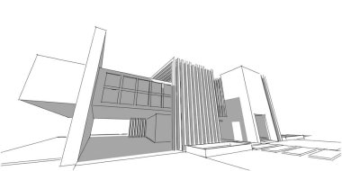 Ev yapımı taslak mimari 3D kablo çizimi, modern mimari perspektif çizgisi.