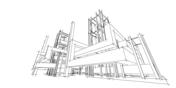 Casa Edifício Esboço Arquitetura Wireframe Ilustração Moderna Linha Perspectiva Arquitetônica — Fotografia de Stock