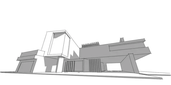 家の建物のスケッチアーキテクチャ3Dワイヤーフレームイラスト 現代建築の視点ライン — ストック写真