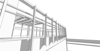 Mimari eskiz çizimi, Modern ev tasarımı serbest çizim, bina planı, 3D illüstrasyon..