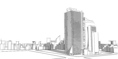 Soyut mimari çizim, şehir, panorama, 3d illüstrasyon