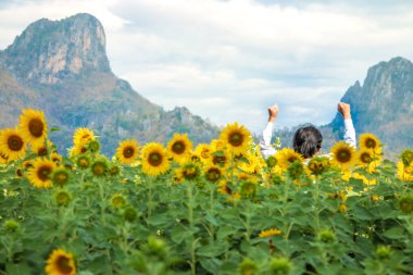 Mutlu hissediyorum, Ayçiçeği tarlalarında kollarını tutan adam.