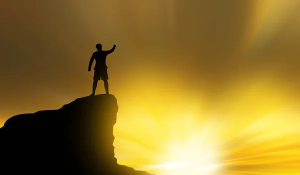 Silhouette Homme Sommet Montagne Dessus Ciel Lumière Soleil Arrière Plan — Photo
