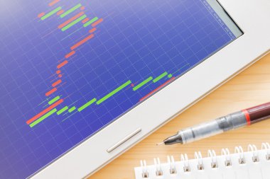 Hisse senedi veya Forex grafik veya mum grafiği mavi ekran ve kalem